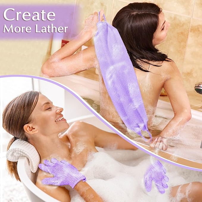 Anezus Exfoliating Back Scrubber Bath Gloves Set, Exfoliating Shower Towel with Shower Gloves for Body Scrub, Back Cleaner Wash Gloves to Remove Dead Skin (Purple)