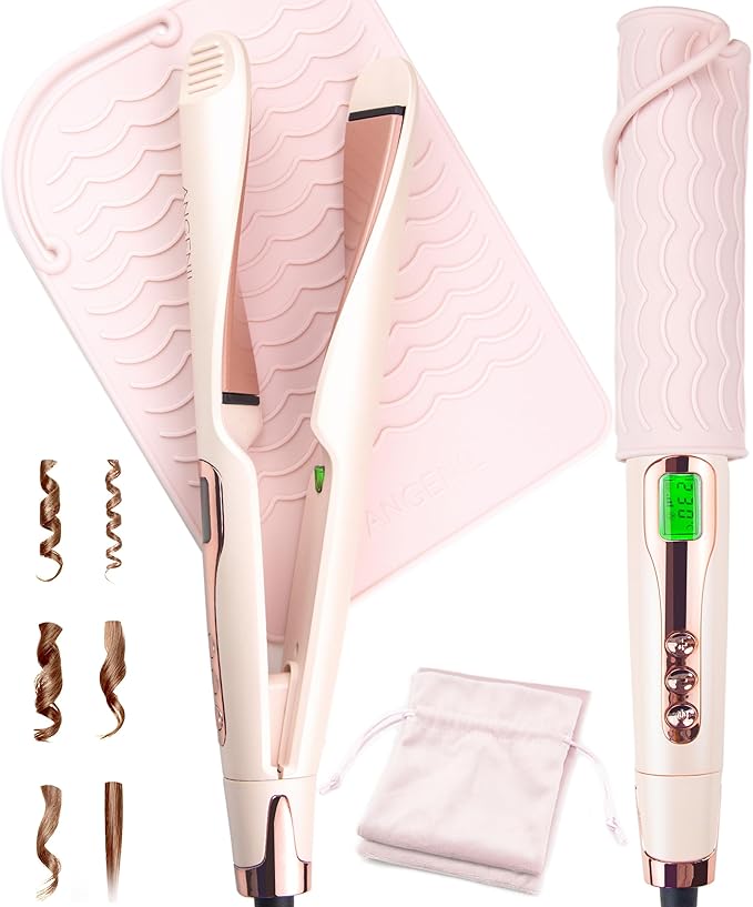 ANGENIL Pro Twist Flat Iron Hair Straightener, 2 in 1 Straightener and Curling Iron for Women, Round Pink Dual Voltage Hair Straightener with Silicone Heat Resistant Mat, 30s Fast Heating, LCD Display