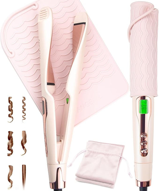 ANGENIL Pro Twist Flat Iron Hair Straightener, 2 in 1 Straightener and Curling Iron for Women, Round Pink Dual Voltage Hair Straightener with Silicone Heat Resistant Mat, 30s Fast Heating, LCD Display