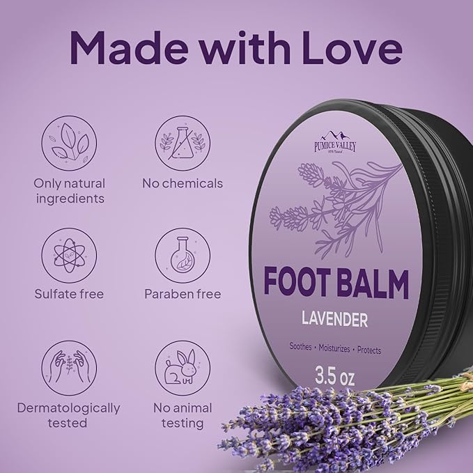 Pumice Valley Foot Balm Cream for Dry Cracked Heels and Feet - Natural Foot Moisturizer Balm for Calluses and Dry Feet Treatment - Lavender Foot Lotion 3.5 Oz