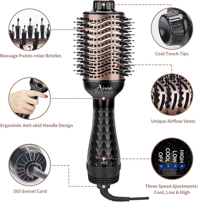 Aima Beauty One-Step Volumizer Hair Dryer Brush, 4-in-1 Upgrade Hot Air Brush for Less Frizz, More Shine, Oval Brush for Blowout, Black Red