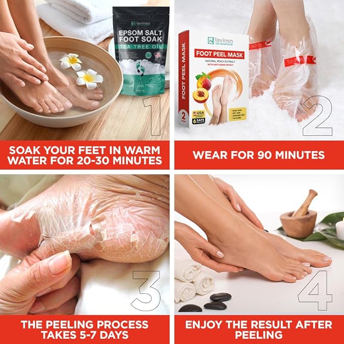 Lavinso Foot Mask that Removes Dead Skin and Callus - 2 Pack - Peach Feet Peeling Mask Extra Strength