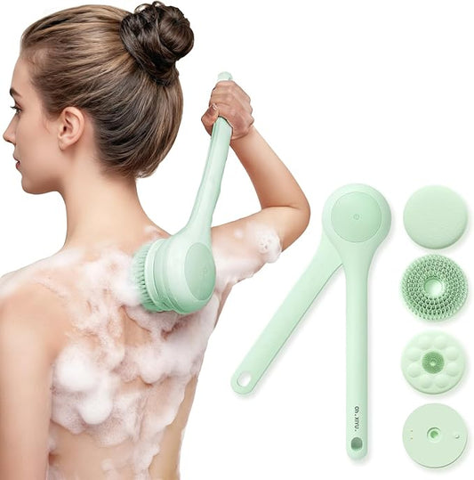 Electric Body Brush Back Scrubber for Shower, Waterproof Long Dual Handle Power Body Scrubber with 3 Heads, Rechargeable Bath Brush & 2 Speeds, for Cleansing, Exfoliating and Massaging Skin