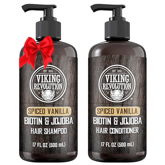 Viking Revolution Spiced Vanilla Mens Shampoo and Conditioner Set with Biotin and Jojoba Oil - Natural Hair Shampoo and Hair Conditioner for Men with Vitamin B5 - Mens Shampoo for Thinning Hair (17Oz)