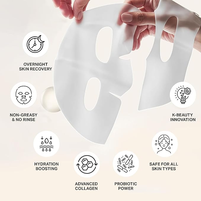 L'HIRONDELLE Collagen Face Mask, Bio Collagen face Mask, Deep Hydrating Sheet Mask Collagen and Probiotics, Overnight Mask for Women & Men Facial Skincare for Elasticity and Pore Minimizing 4 Pack