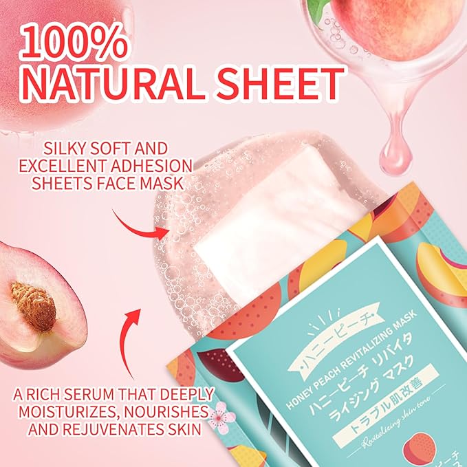 10 Pack Sheet Face Masks Skincare, Moisturizing Soothing Facial Sheet Masks with Peach Extracts, Hyaluronic Acid and Clean Ingredients, Nourish for All Skin Types, Birthday Gifts for Women