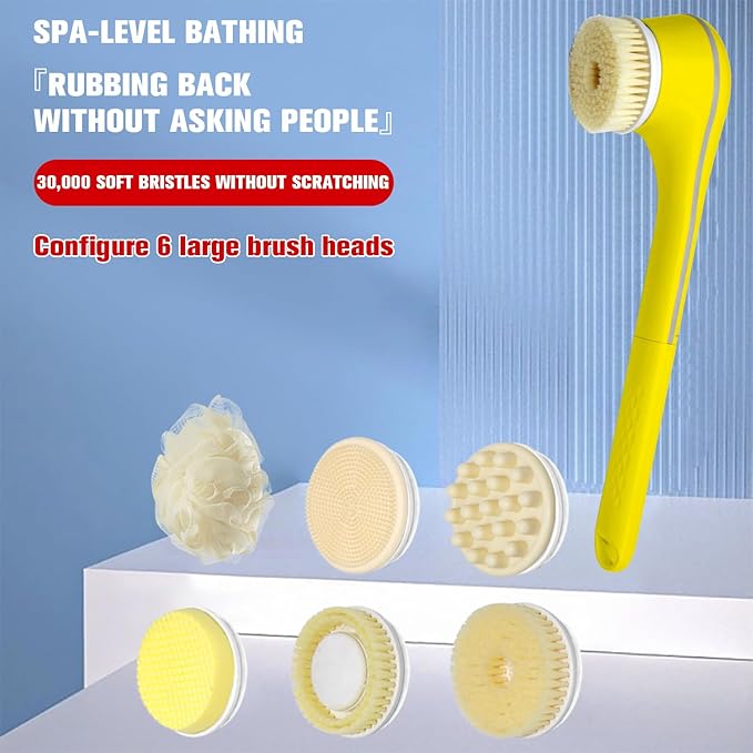 Generic Electric Body Brush Set for Showering,Exfoliating Bath Brush Long Handle for Shower Lotion Applicator for Back Silicone Body Scrubber with 6 Shower Brush Heads for Women Men Gifts (Yellow)