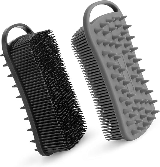 2 PCS Soft Silicone Body Scrubber, 2 in 1 Exfoliating Shower Bath Scrubber, Silicone Loofah Bath and Shampoo Brush Body Shower Use Shower Hair Scalp Massager, Easy to Clean, Lather Well (Grey & Black)