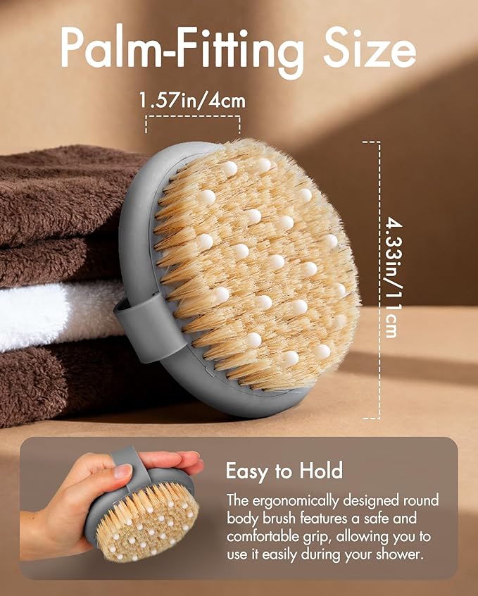 Dry Brushing Body Brush for Massage - Natural Boar Bristle Exfoliating Brush with Massage Nodes for Lymphatic Drainage, Cellulite, Blood Circulation Improving Skin Health for Women Men Elderly(Grey)