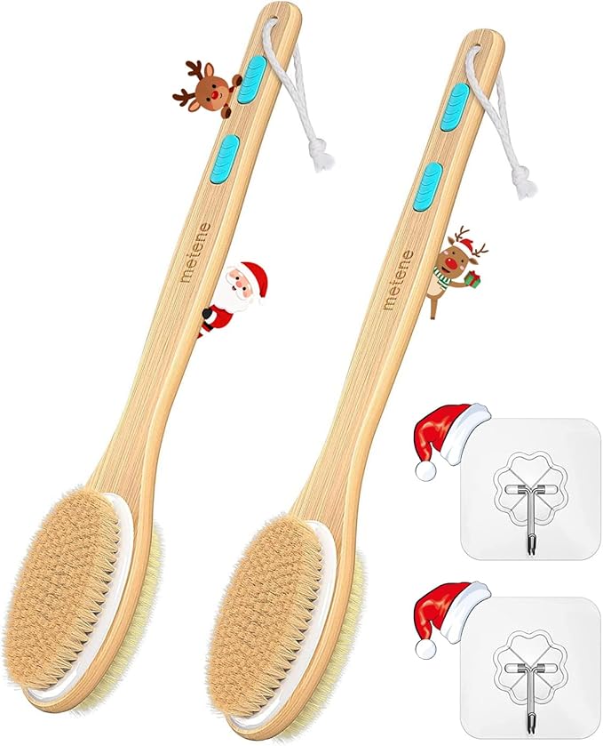 Metene 2 Pack Shower Brush with Soft and Stiff Bristles, Bath Dual-Sided Long Handle Back Scrubber Body Exfoliator for Wet or Dry Brushing