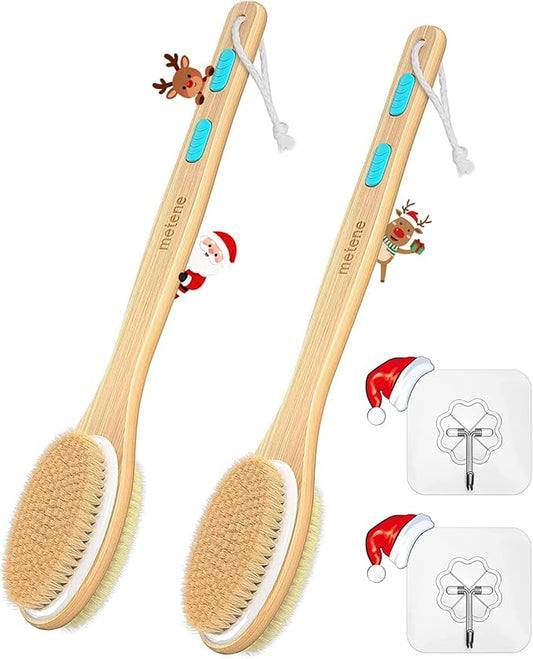 Metene 2 Pack Shower Brush with Soft and Stiff Bristles, Bath Dual-Sided Long Handle Back Scrubber Body Exfoliator for Wet or Dry Brushing