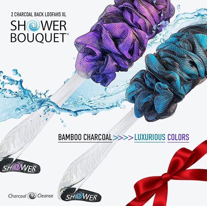 SHOWER BOUQUET Loofah-Charcoal Back-Scrubber Color-2-Pack // Long-Handle-Loofa-Lufa Bath-Sponge Brush/Extra Large Soft Mesh for Men & Women - Exfoliate with Full Pure Cleanse in Bathing Accessories