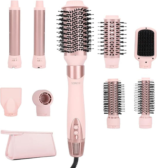 9-in-1 Multi Hair Styler | Air Styling & Drying System | Powerful Blow-Dry Brush | Heat Damage-Free | L/R Automatic Wrap Curlers, Oval Comb, Round Brush, Comb, Flat Nozzle & Storage Pouch