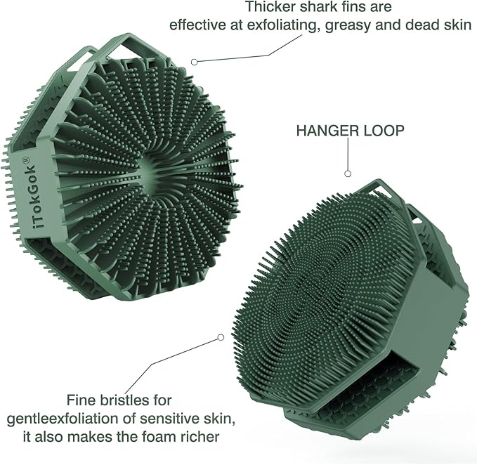 iTokGok® Premium 2-in-1 Silver-Infused Silicone Body Scrubber for Men, Double-Sided Design Body Brush Silicone Body Scrubber Exfoliating Body Brushes for All Skin, Lathers Well - Midnight Green