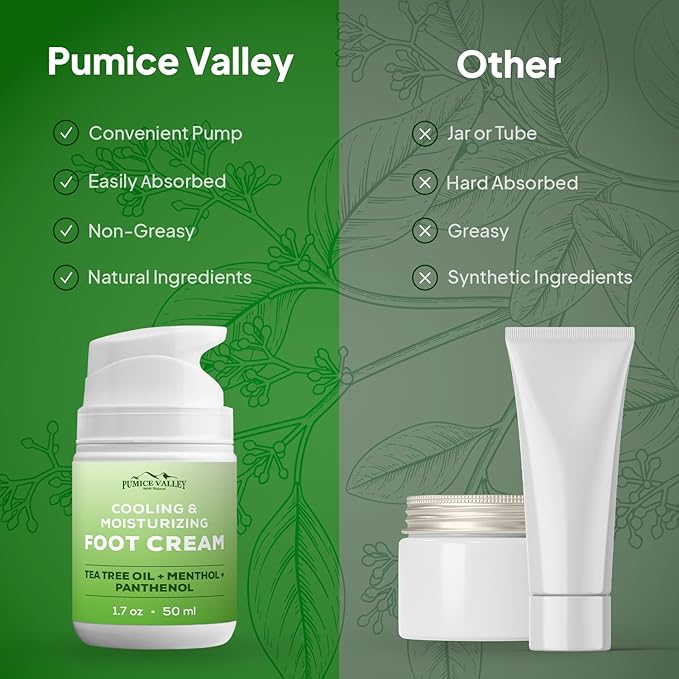 Pumice Valley 2 Pack Foot Cream for Dry Cracked Feet and Heels - Natural Moisturizer, Corn, Calluses Treatment - Skin, Body Lotion, Panthenol, Tea Tree Oil, Menthol 1.7 Oz