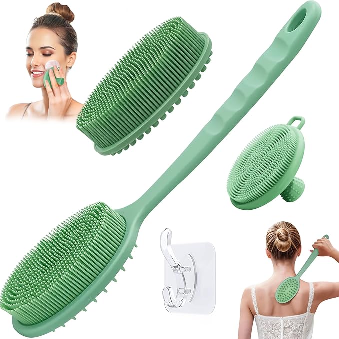 Silicone Face & Back Scrubber Set, Manual Face & Body Scrubber Exfoliator with Soft Bristles and Non-Slip Handle, Back Brush Bath Brush with 2 Detachable Brush Heads(3PCS Green Set)