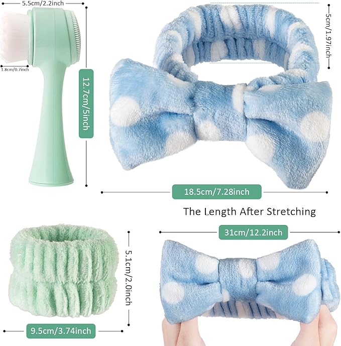 Facial Cleansing Brush 2 in 1, Silicone Face Scrubber Dual Face Brush for Deep Pore Cleansing and Exfoliating, Skincare Headband and Wristbands Set for Washing Face, Massaging Spa Makeup, Cyan