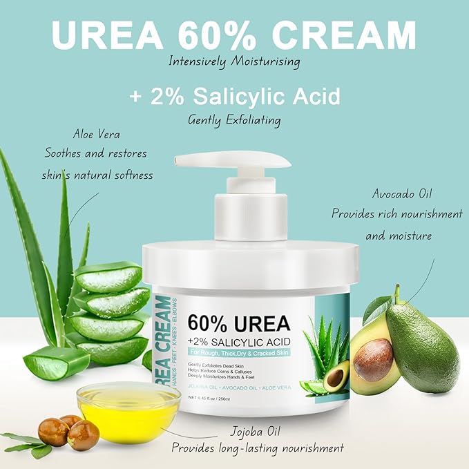 60% Urea Cream for Feet with 2% Salicylic Acid, Foot & Hand Cream for Dry Cracked Heels with Jojoba Oil, Avocado Oil & Aloe Vera, Urea Lotion for Elbows, hands, Knees & Callus Remover, 8.45 oz