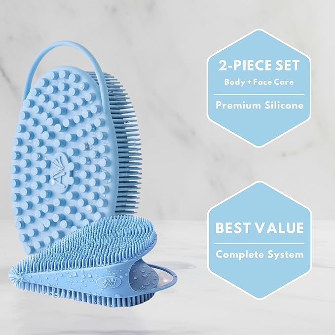 Body Face Scrubber Set Silicone - 2 Pack Shower Brush Facial Cleansing Kit - Avilana Bath Loofah Alternative Complete Skincare System Dual Sided - Gift Set Women Men
