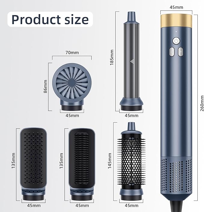 6-in-1 Hair Styler, Hair Dryer, Multi-Function Hot Air Brush Set, Ionic Blow Dryer with Interchangeable Attachments for Curling, Straightening (Gemstone Blue)