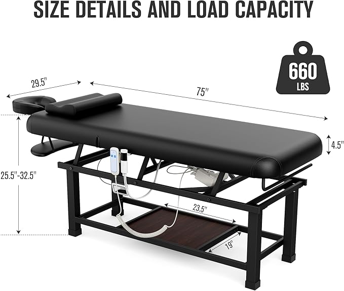 pouseayar Heavy Duty Electric Stationary Massage Table with Heating Function, Backrest Adjustable and Storage Space for Treatment/Medical Spa/Facial/Beauty/Massage Bed - 30 x 75 - Black