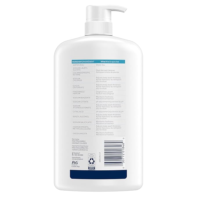 Ivory Body Wash, Designed for the Whole Family, Gentle Formula, Free of Dyes Heavy Perfumes Parabens Phthalates & Silicones, Original Scent, 35 oz