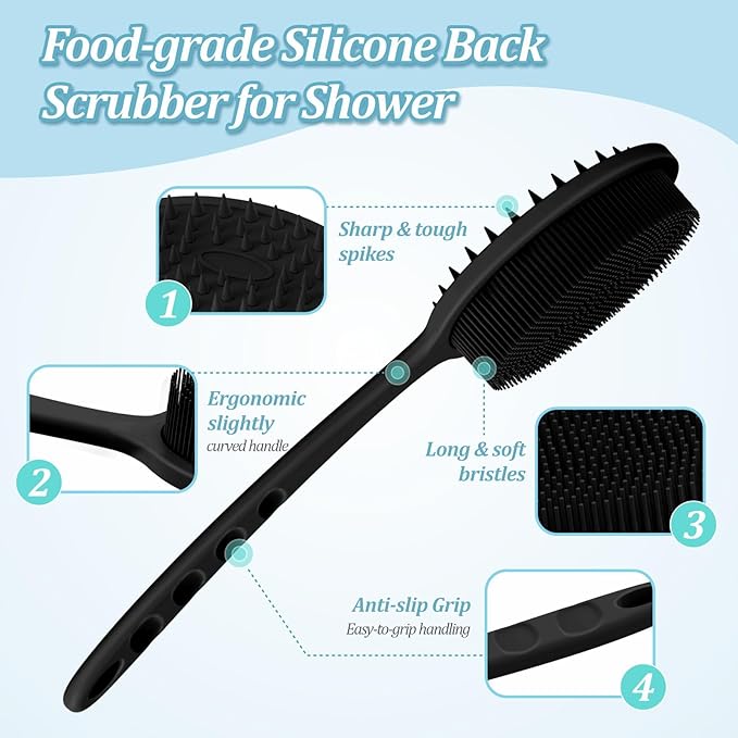 Silicone Back & Body & Face Scrubber Set 3PCS, Gentle Exfoliating Back & Body Scrubber with Dual-Side Brush Head, Hygienic Silicone Loofahs with Soft Bristle and Non-Slip Handle(Black-3PC)