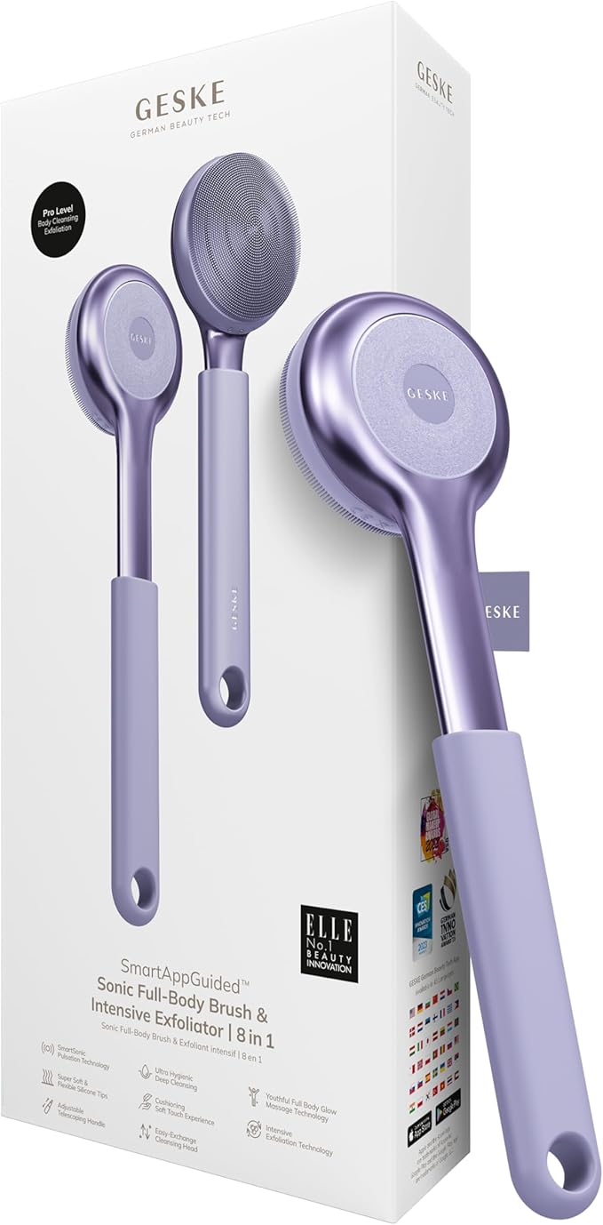 GESKE Sonic Full-Body Brush & Intensive Exfoliator | 8 in 1 | Electric Body Cleansing Brush | With SmartSonic Pulsations | Deep Cleansing, Exfoliation, Massage | Extendable Handle | Rough Skin Remover