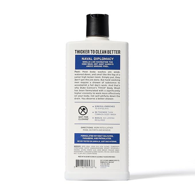 Duke Cannon Supply Co. Thick High Viscosity Body Wash - 3X Thicker, Plant-Based, Mineral-Enriched Body Wash for Men - Bourbon, Naval Diplomacy, Old Glory, & Bay Rum
