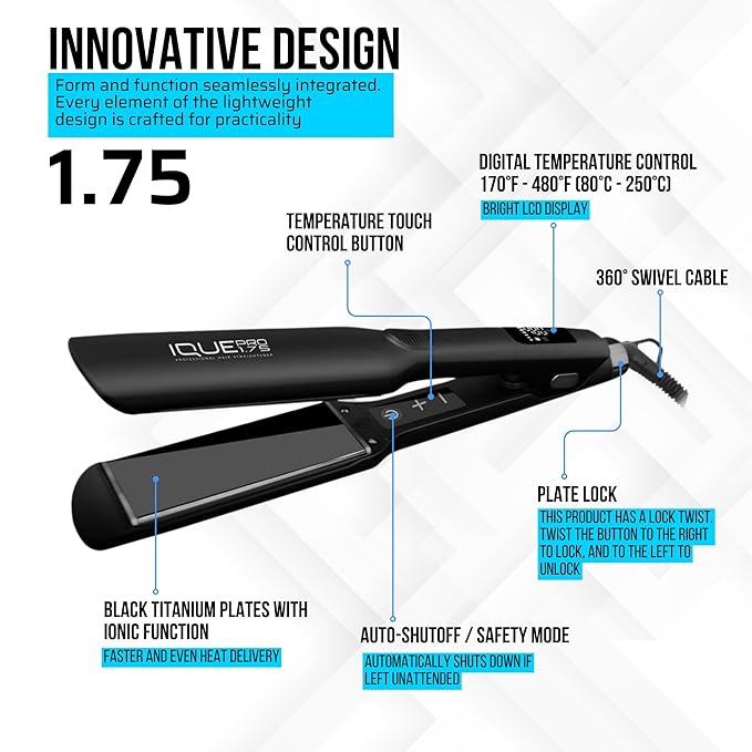 iQUE Flat Iron Hair Straightener & Curler 2-in-1 | Nano Titanium with Ionic Function | Heats in 2 Sec | Adjustable Temp up to 480°F | LCD Display | Dual Styling Tool | Dual Voltage 100-240V | 1.75"