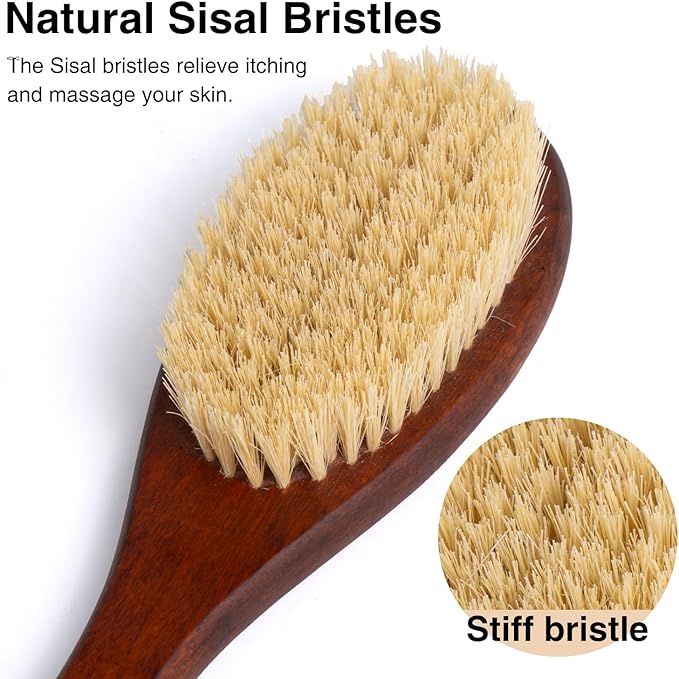 Wooden Bath Brush with Stiff Sisal Bristles Long Handle for Shower Back Scrubber Body Exfoliator, with Hook for Hanging (Stiff Sisal Hair)