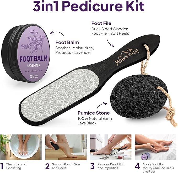 Foot Care Callus Remover Set 3 Pcs - Pumice Stone - Silver Feet File Scrubber - Foot Balm Lavender 3.5 Oz