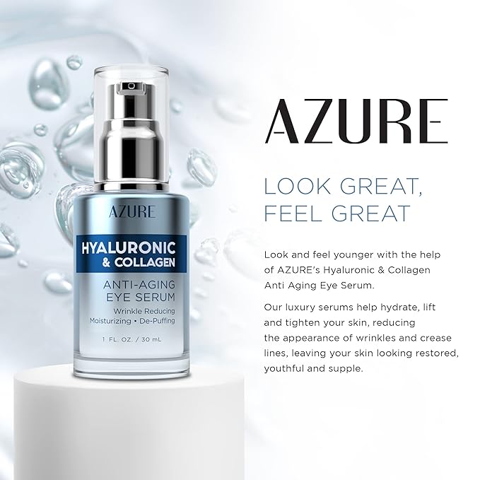 AZURE Hyaluronic & Collagen Anti Aging Eye Serum - Moisturizing, Replenishing & De-Puffing | Reduces Wrinkles, Fine Lines & Under Eye Bags | Locks In Moisture Hydrating Skin | Made in Korea - 30mL