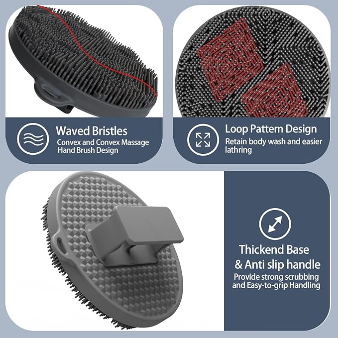 Silicone Body Scrubber-Silicone Shower Brush for Gentle Exfoliating & Lathering with Body Scrub & Wash, Durable & Hygienic, Deep Cleansing Exfoliator for All Skin Types - Shower Essential (Grey+Pink)