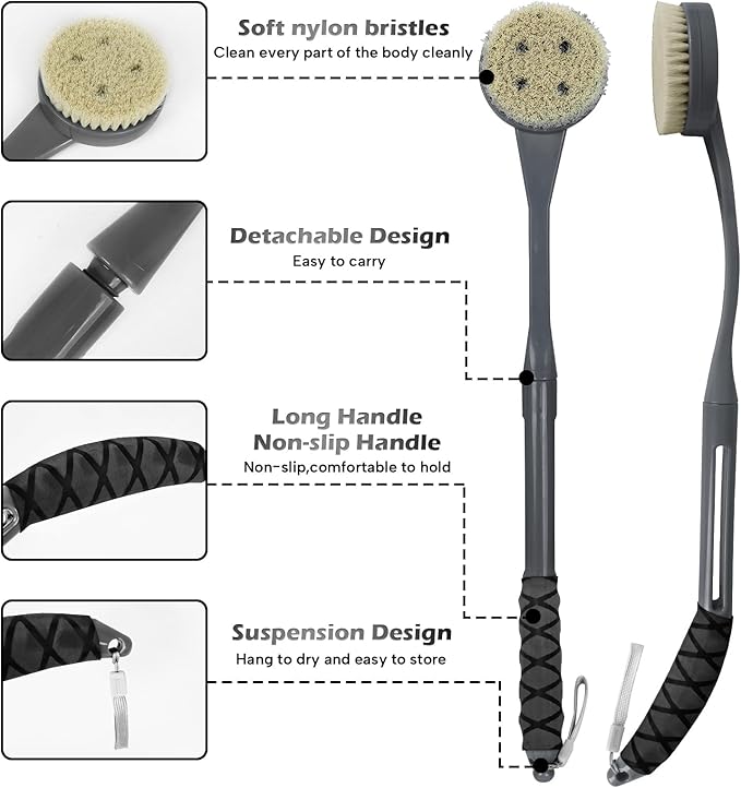 Back Brush Long Handle for Shower, 20.5” Bath Brush, Back Scrubber, Shower Body Brush with Curved Handle for Elderly Disabled, Limited Mobility, Frozen Shoulder,Men and Women