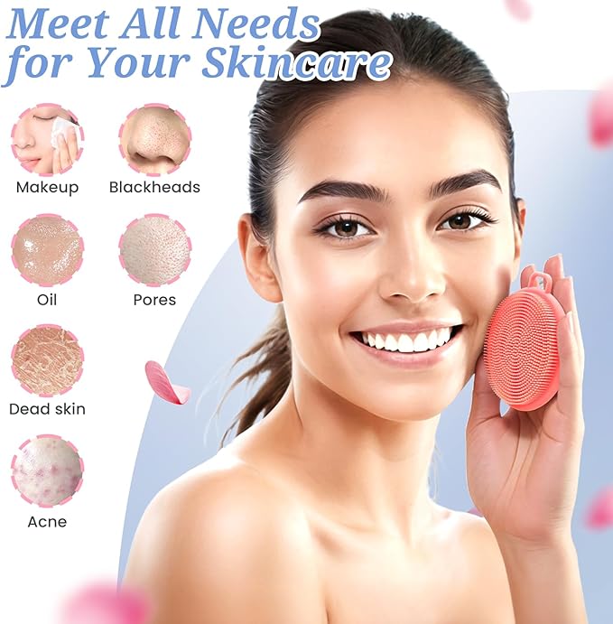 Silicone Back/Body/Face Scrubber & Soft Bath Glove Set 4PCS, Gentle Exfoliating Back & Body Scrubber with Dual-Side Brush Head, Hand-fit Bath Glove & Face Scrubber for Deep Cleaning(Pink-4PC)