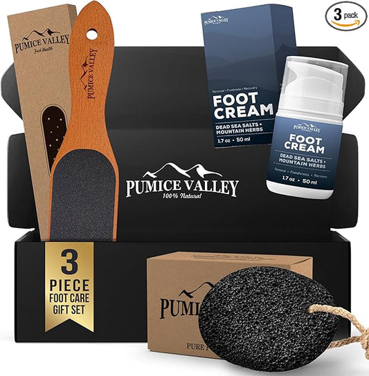 Foot Care Callus Remover Set 3 Pcs - Pumice Stone - Feet File Scrubber - Foot Cream Lotion, Dead Sea Salts, Shilajit, Mountain Herbs 1.7 Oz