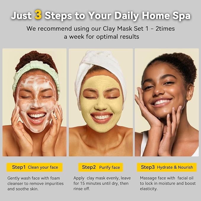 Turmeric Clay Mask, Green Tea, Dead Sea Minerals Mud Mask, Spa Facial Mask 3-Piece Set for Deep Cleansing, Moisturizing and Refining Pores, Vegan & Cruelty-Free, 7.5 fl.oz