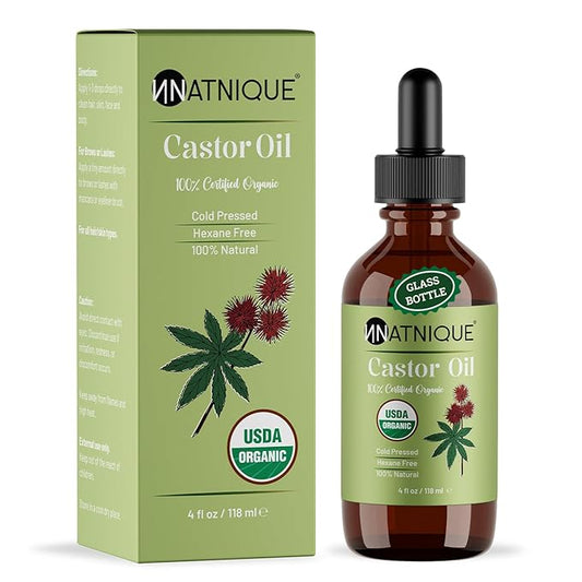 Natnique Castor Oil 4oz – USDA Certified Organic, 100% Pure Cold Pressed Unrefined Oil for Hair Growth, Eyelashes, Eyebrows & Scalp – Natural Skin Moisturizer, Lash Serum & Hair Treatment