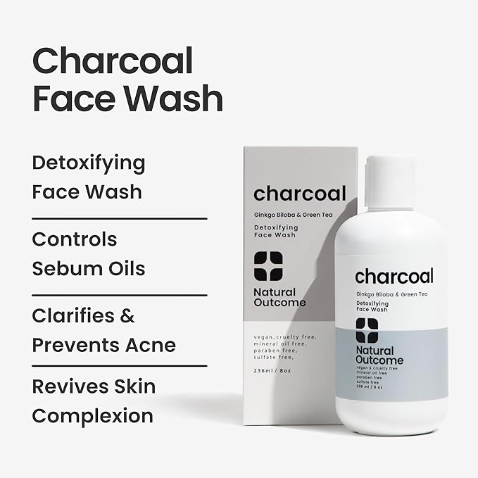 natural outcome Charcoal Face Wash | Daily Detoxifying Charcoal Cleanser for Acne | Deep Pore Cleanser Hydrates & Purifies Skin with Green Tea, Aloe Vera, & Ginkgo Biloba | For Men & Women | 8 oz