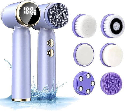 6-in-1 Facial Cleansing Brush, Electric Face Scrubber with 6 Brush Heads, 3-Speed Waterproof Spin Brush, Rechargeable Face Cleaner for Dry, Oily, and Sensitive Skin (Purple)
