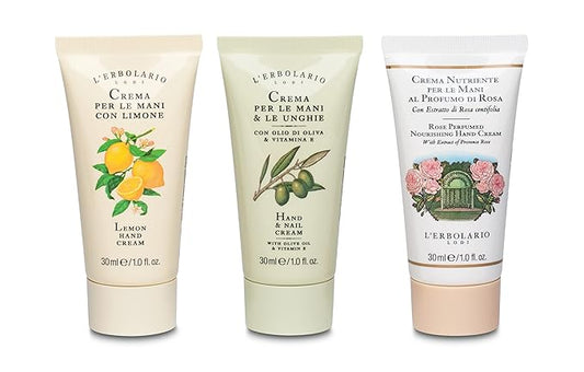 L'Erbolario Hand Cream Collection 2 - Olive Oil Cuticle and Nail Care Lotion - Lemon and Rose Perfumed Moisturizing Hand Lotion for Smooth Skin - 3 Pc