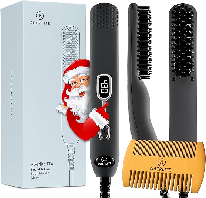 Aberlite EDC - Premium Beard Straightener Brush - Professional Heated Straightening Comb and Grooming Kit for Men (Gray)