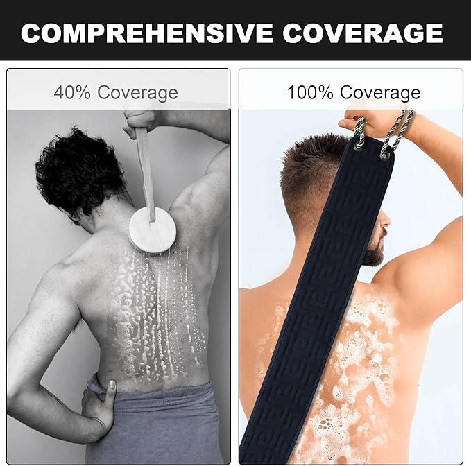 OWIIZI Exfoliating Back Scrubber for Shower, Double-Sided Back Scrub Washcloth with Antiskid Handles for Use in Shower, Body Exfoliator Scrub Towel Back Washer for Men & Women-38 Inches