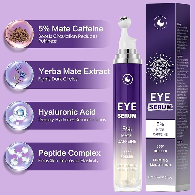 Caffeine Eye Serum for Puffy Dark Circles, Instant Depuffing Under Eye Treatment Anti-Aging Firming Undereye Serum with Roller for Wrinkles Bags Fine Lines Brightening Christmas 0.5 Floz