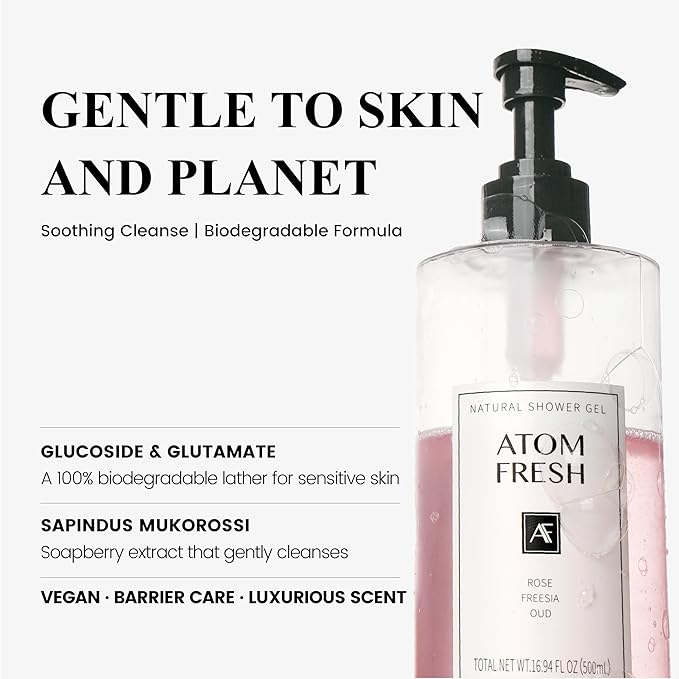 Atom Fresh Fine Fragrance Body Wash – Rose Freesia Oud Scent | Gentle Amino-Acid Cleanser with Oat, Soapberry & Vitamin E | Plant-Based & Sulfate-Free, 16.94 fl oz