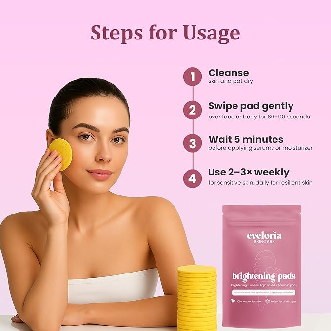 Eveloria™ Brightening Turmeric & Kojic Acid 30 Face Pads – Gentle Exfoliating & Cleansing Pads for Dark Spots, Uneven Tone & Dull Skin – Natural Glow with Turmeric, Kojic Acid & Vitamin C