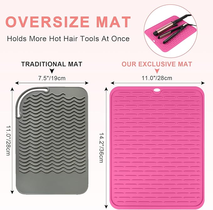 Oversize Silicone Heat Resistant Mat for Curling Irons, Flat Irons, Hair Straighteners and Hot Hair Styling Tools, Portable Hot Tools Cover Pad for Travel Vanity Salon(14.2" x 11.0")