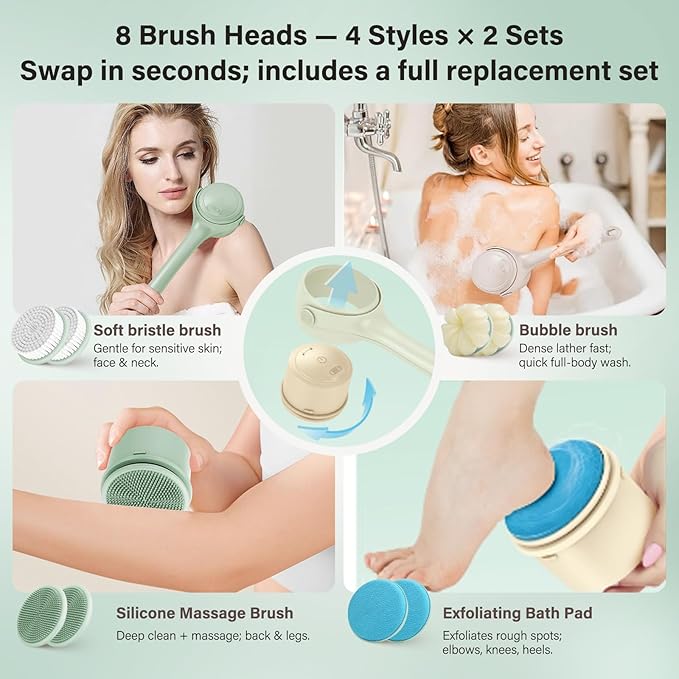 Electric Body Brush Back Scrubber for Shower, 8 Replaceable Heads and Hook, Long Handle, 2-Speed, Type-C Rechargeable, Waterproof, for Cleansing, Exfoliating and Massaging Skin（Apricot）