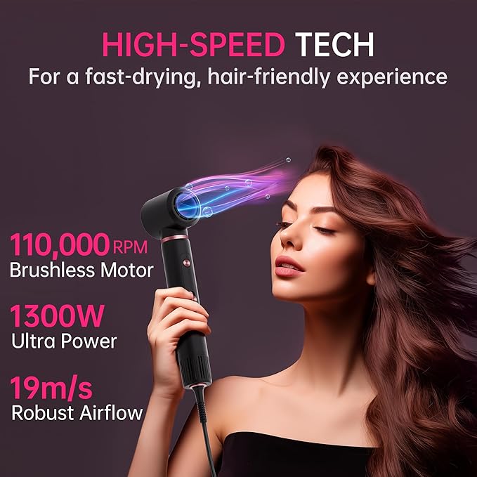 SKIMI 110,000 RPM Brushless Motor Hair Dryer Brush - 5 Muti-Styler for Fast Drying, Curling, Volumizing & Straightening | High-Speed Hot Air Brush for All Hair Types (Black & Pink Gold)